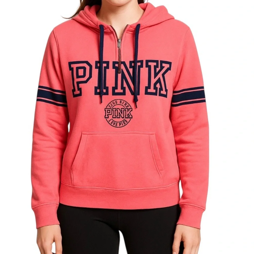 Victoria’s Secret PINK Neon Coral 1/4 Zip Hoodie Sweatshirt Kangaroo Pocket - Picture 2 of 7